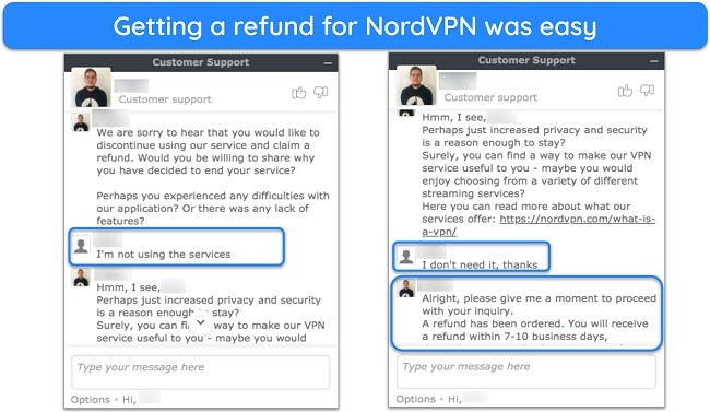 Screenshot of a user successfully requesting a refund from NordVPN over live chat with the 30-day money-back guarantee