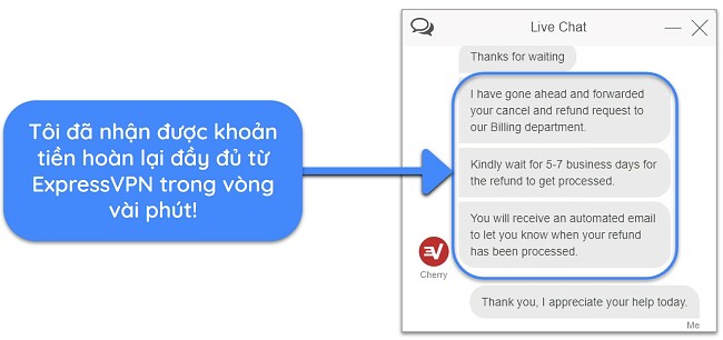 Ảnh chụp màn hình người dùng yêu cầu hoàn tiền thành công từ ExpressVPN qua trò chuyện trực tiếp với cam kết hoàn tiền trong 30 ngày