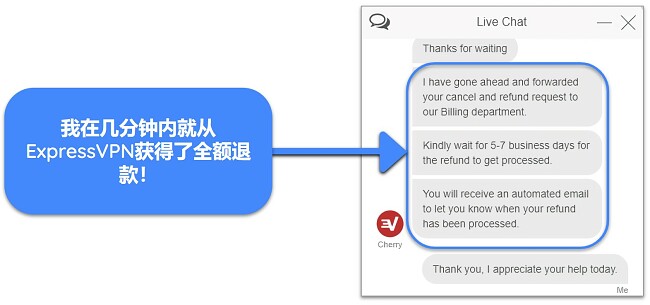 用户通过实时聊天成功向 ExpressVPN 请求退款并提供 30 天退款保证的屏幕截图