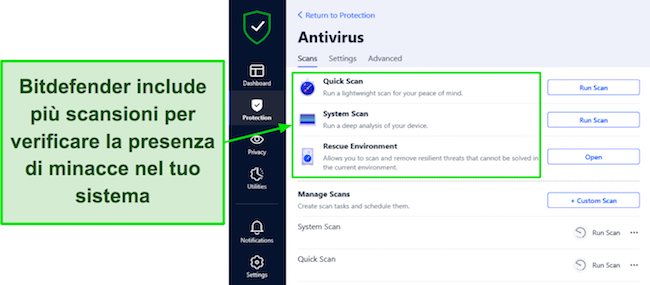 Screenshot di una recensione di Bitdefender che mostra le opzioni di scansione disponibili, fornendo agli utenti una gamma completa di scelte di scansione per garantire una sicurezza completa del sistema.