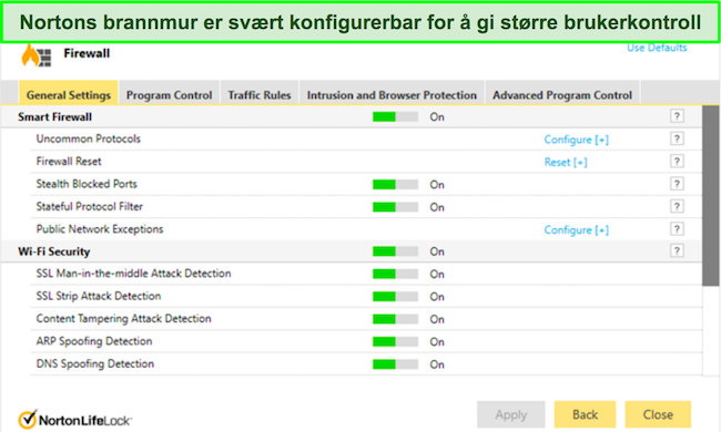 Skjermbilde av et Norton Review Security Firewall-grensesnitt som viser svært konfigurerbare innstillinger og alternativer for avansert sikkerhetstilpasning.