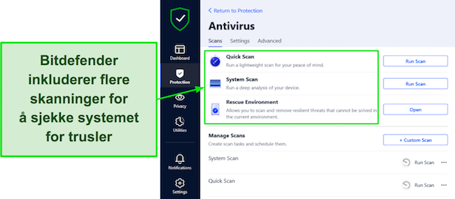Skjermbilde av en Bitdefender-gjennomgang som viser de tilgjengelige skannealternativene, og gir et omfattende utvalg av skannevalg for brukere for å sikre grundig systemsikkerhet.