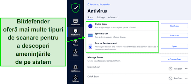 Captură de ecran a unei recenzii Bitdefender care prezintă opțiunile de scanare disponibile, oferind utilizatorilor o gamă cuprinzătoare de opțiuni de scanare pentru a asigura securitatea completă a sistemului.