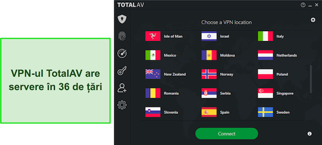 Captură de ecran dintr-o recenzie TotalAV care evidențiază locațiile disponibile pentru TotalAV VPN, demonstrând rețeaua globală extinsă de servere din care utilizatorii pot alege.