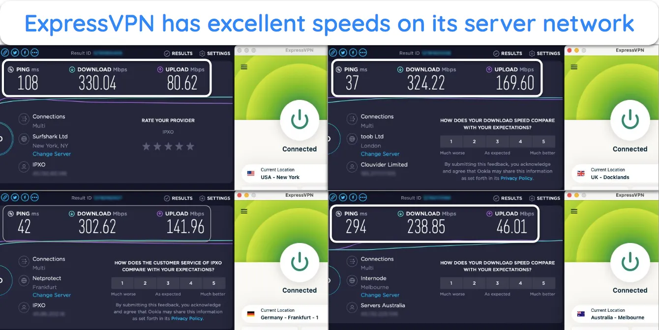 Screenshot of ExpressVPN speed tests showing servers in the US, UK, Australia, and Germany.