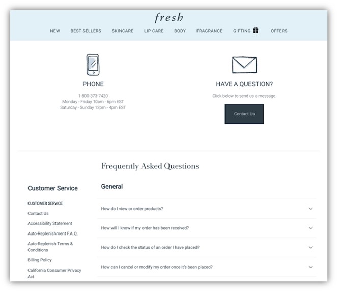 faq page examples - screenshot of faq page from retail business