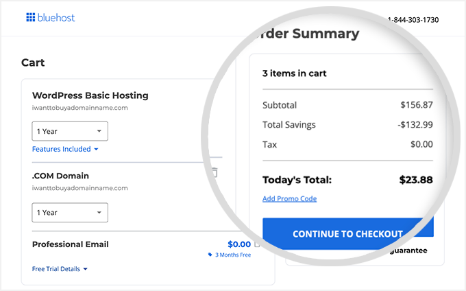 Bluehost order summary and addons page