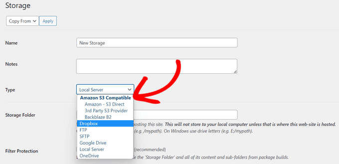 A choice of backup storage locations in Duplicator