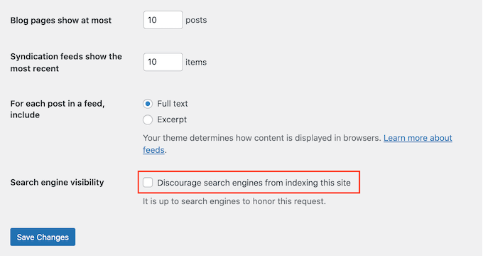 WordPress' search engine visibility settings