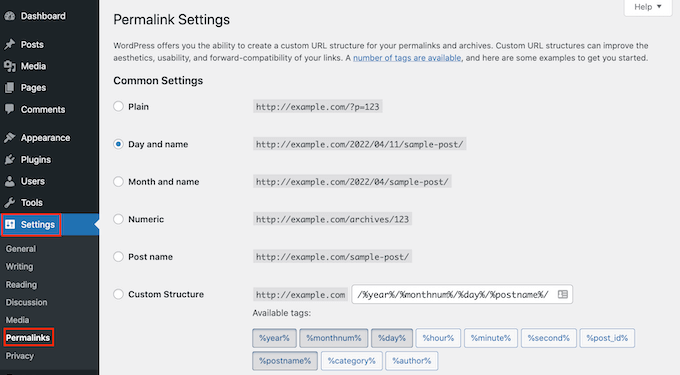 The WordPress permalink settings