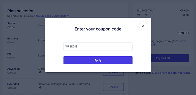 Weglot apply coupon code