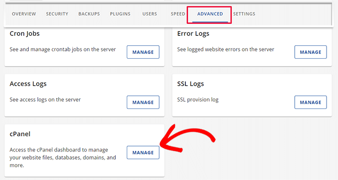 Bluehost cPanel under Advanced site settings