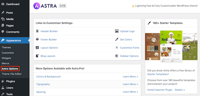 The Astra option settings