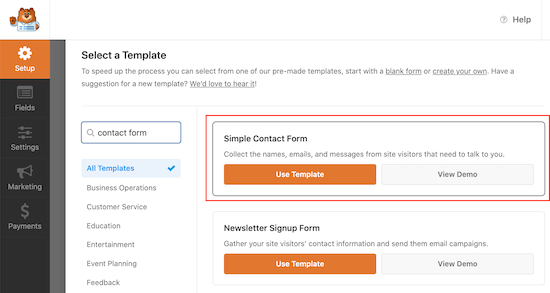 A WPForms contact template