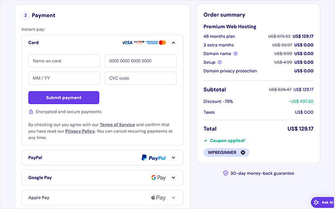 Hostinger Payment method and payment information