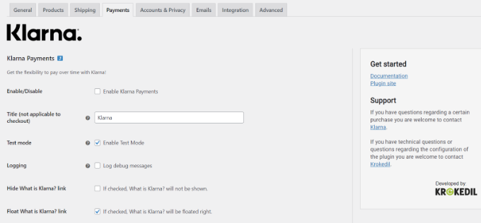 Configure Klarna settings