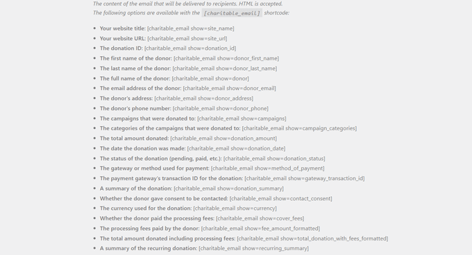 Charitable shortcodes for creating dynamic email messages