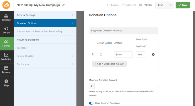 Configuring donation options settings