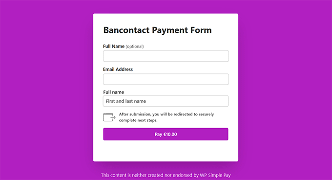 Bancontact payment form preview