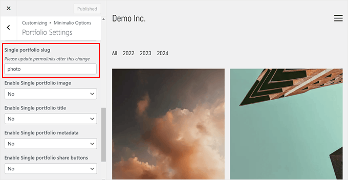 Editing the slug for the single portfolio custom post type in Minimalio