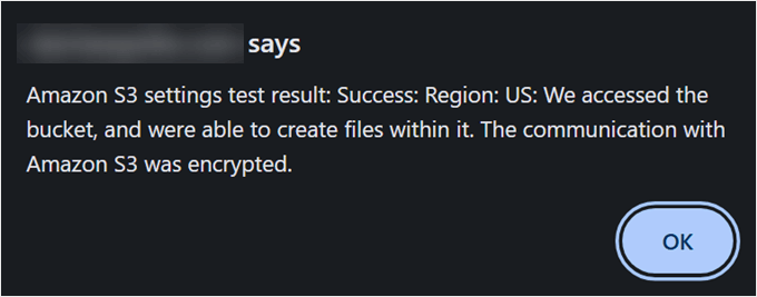 Popup saying successful Amazon S3-UpdraftPlus connection