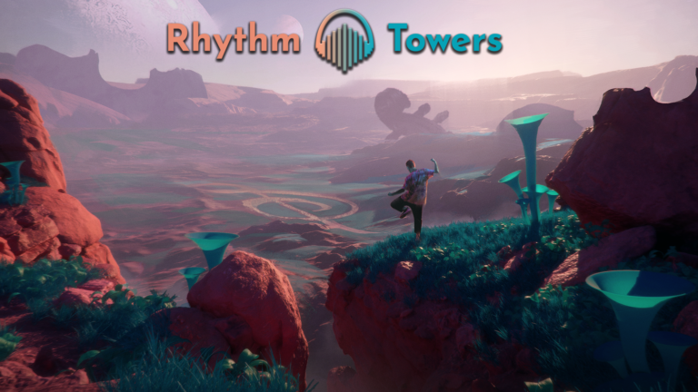 Picture of a landscape and the Rhythm Towers game logo at the top.