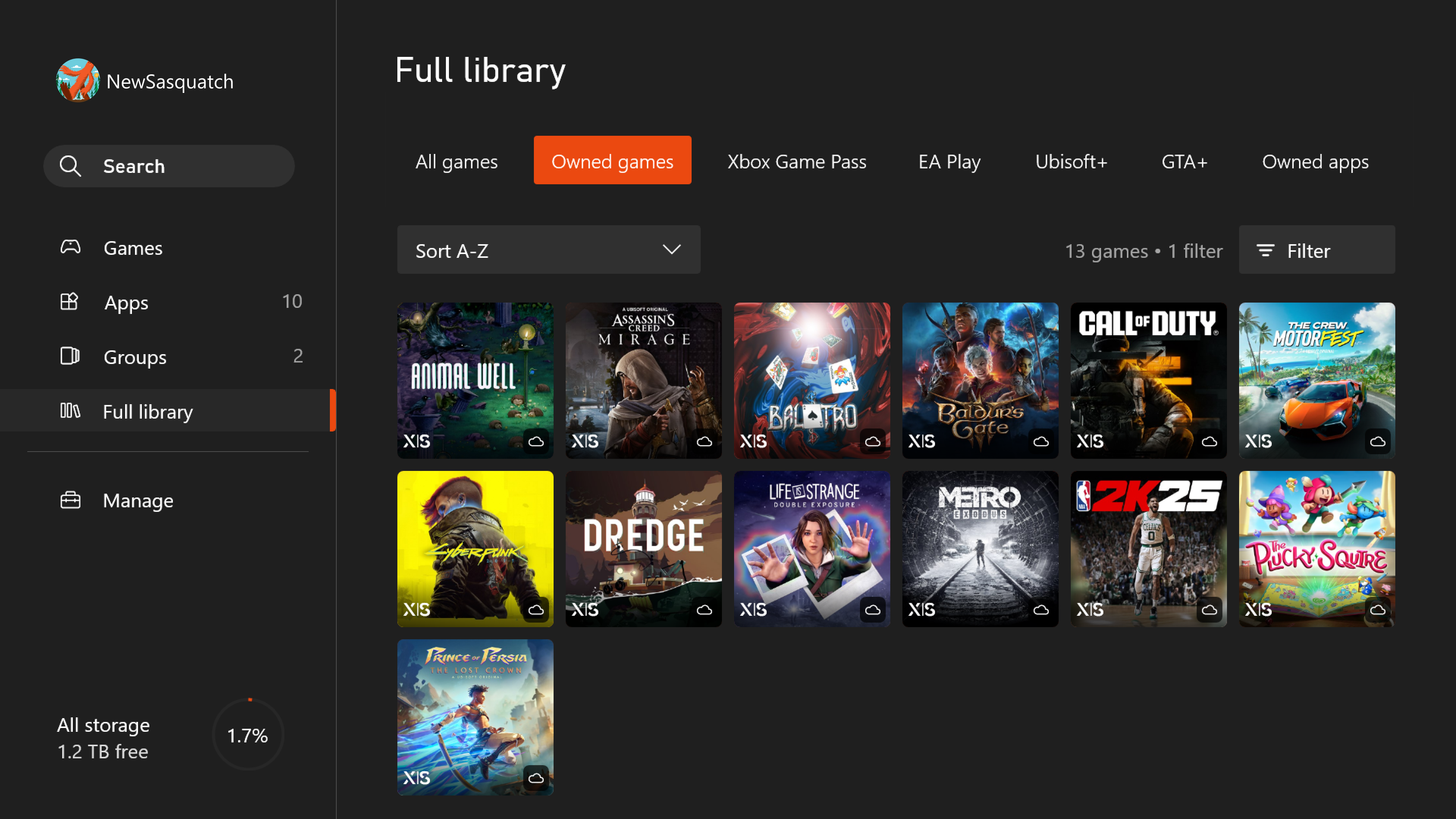 The full library in My games and apps on Xbox consoles showing cloud gaming icons on game art tiles.