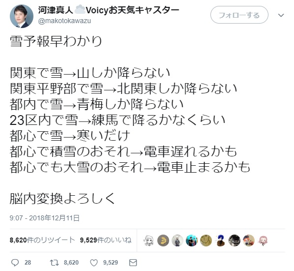 お天気キャスター河津真人さんの「雪予報早わかり」が分かりやすいと話題に！ 都内で雪→青梅しか降らないなど